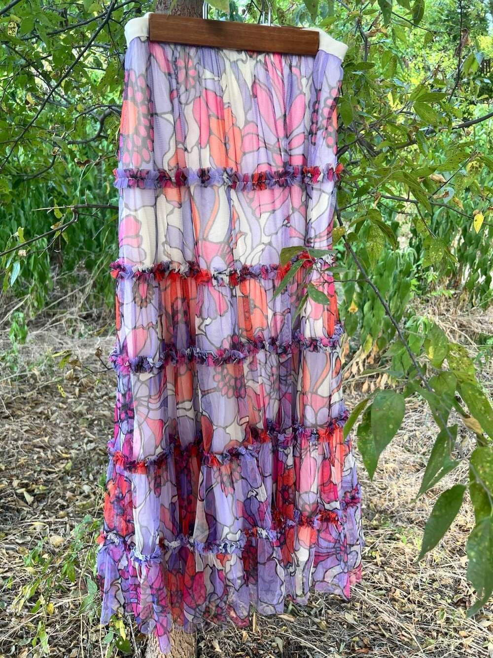 Finesse Ida Purple Floral Organza Tiered Ruffle Maxi Skirt